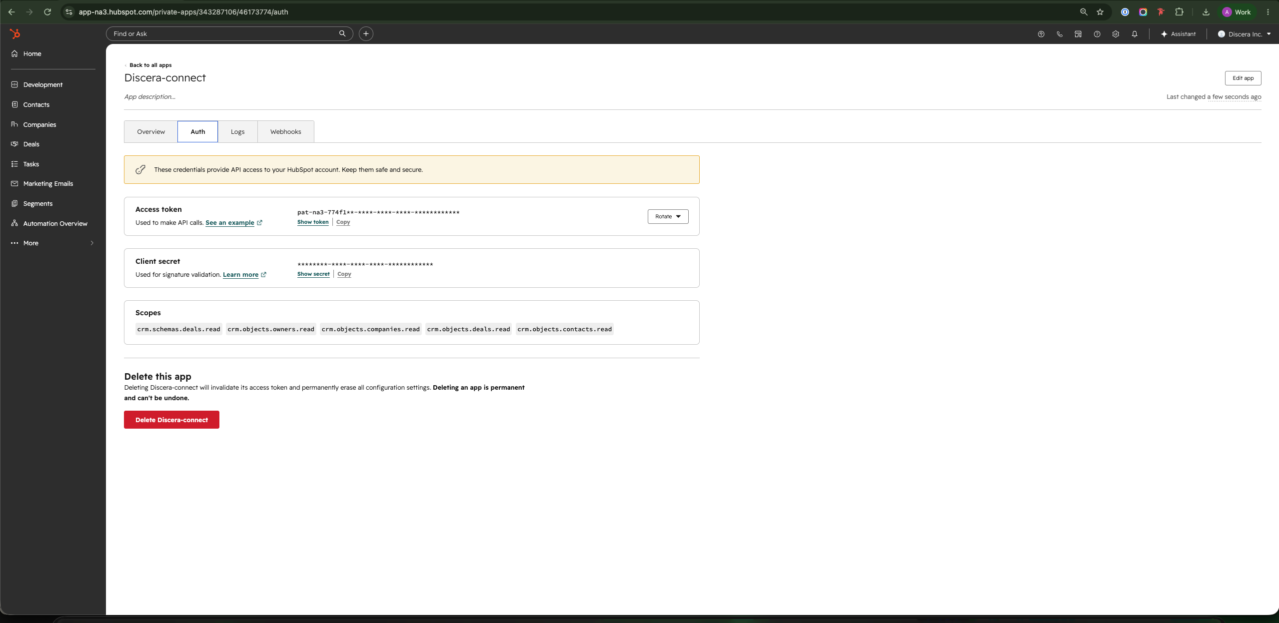 The private app Auth tab showing the generated access token with the Copy button