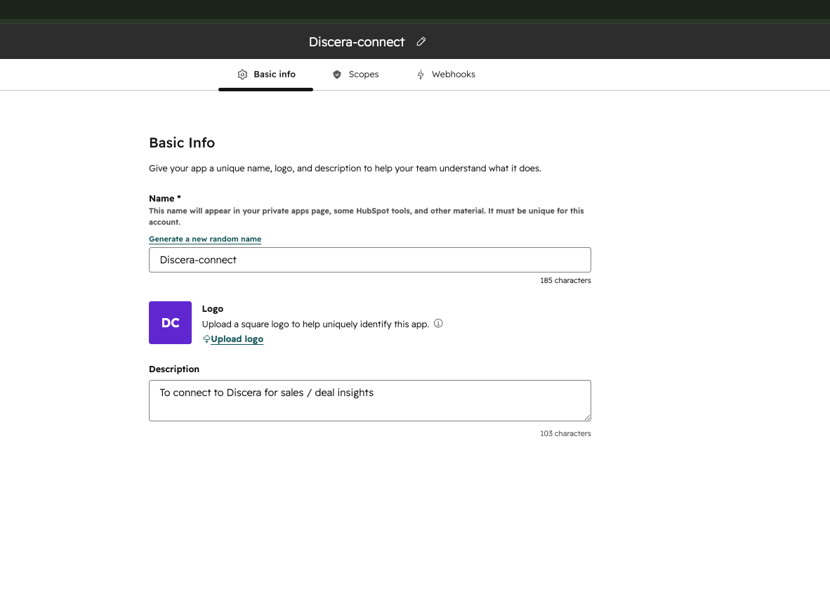 The private app Basic Info tab with the app named "Discera — read-only"