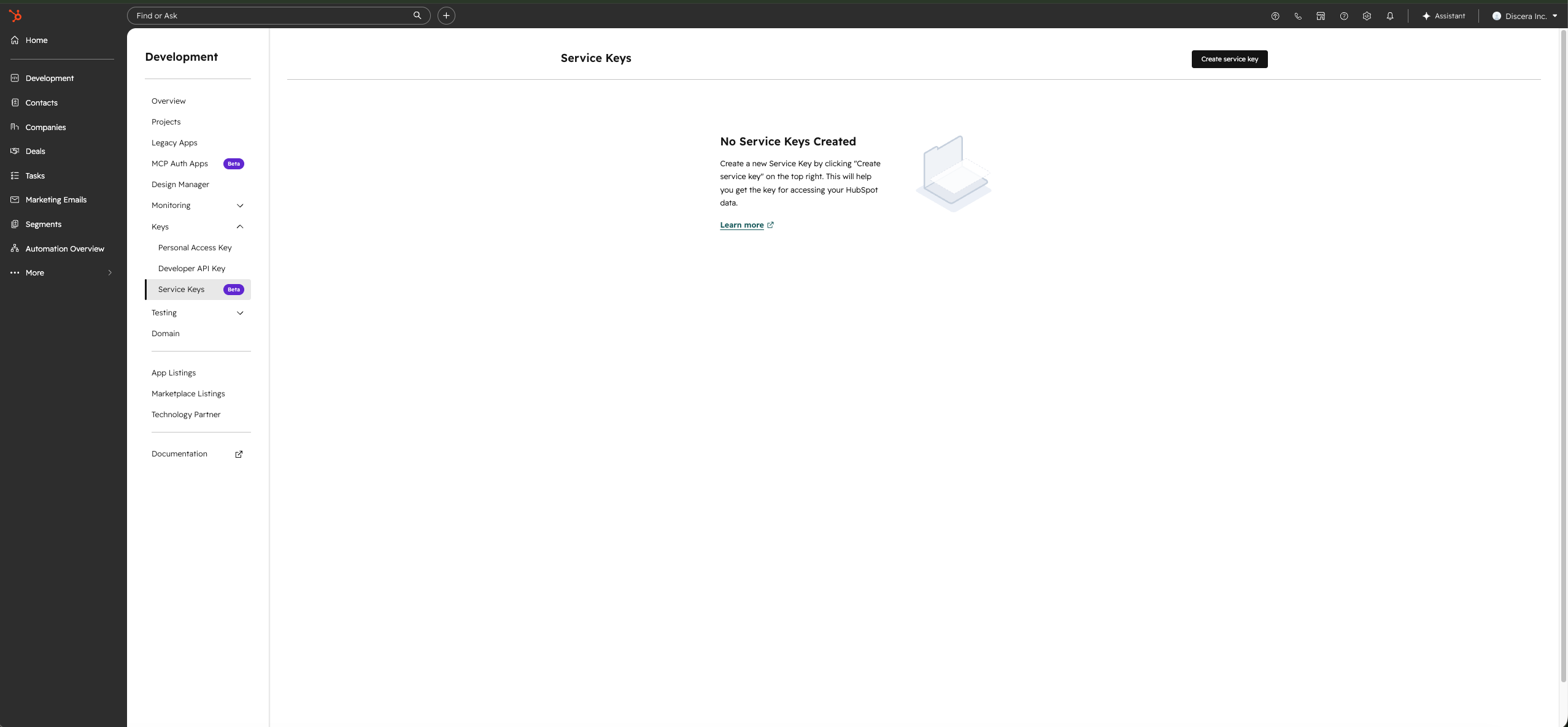 The HubSpot Service Keys page with the "Create service key" button