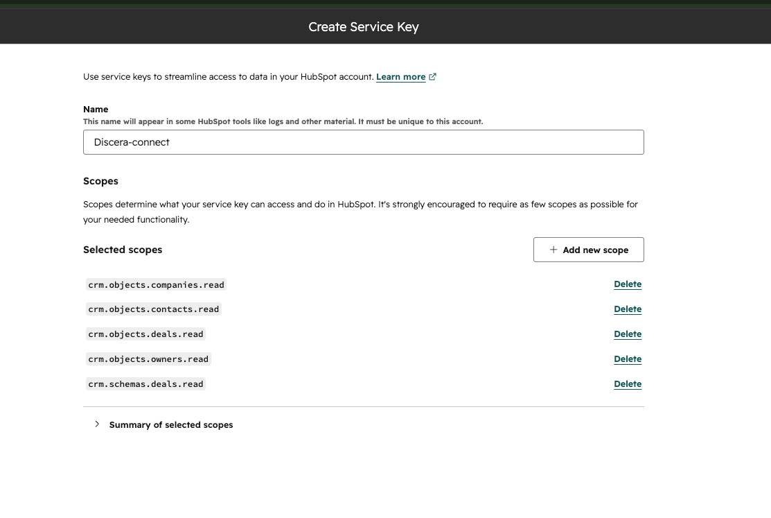 The Create Service Key form with a name filled in and the five read scopes selected
