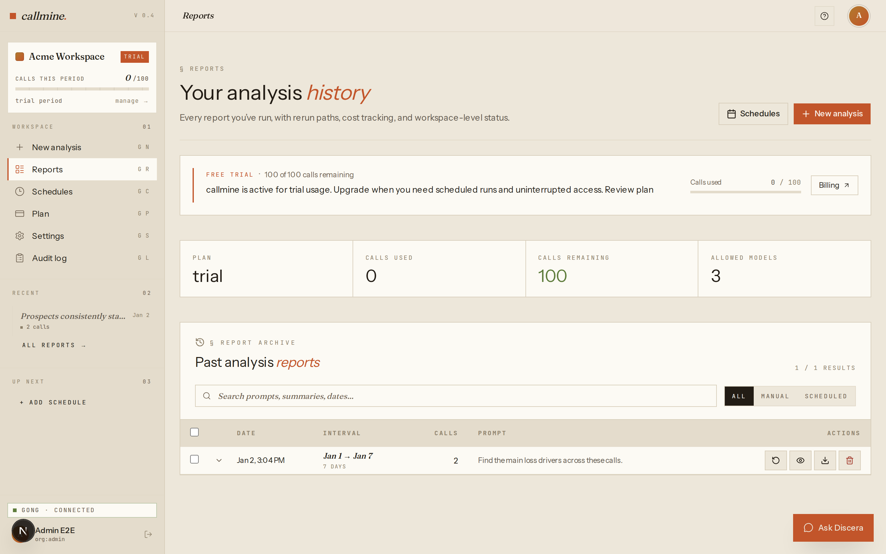 Discera dashboard showing the Past analysis reports table with one completed report row