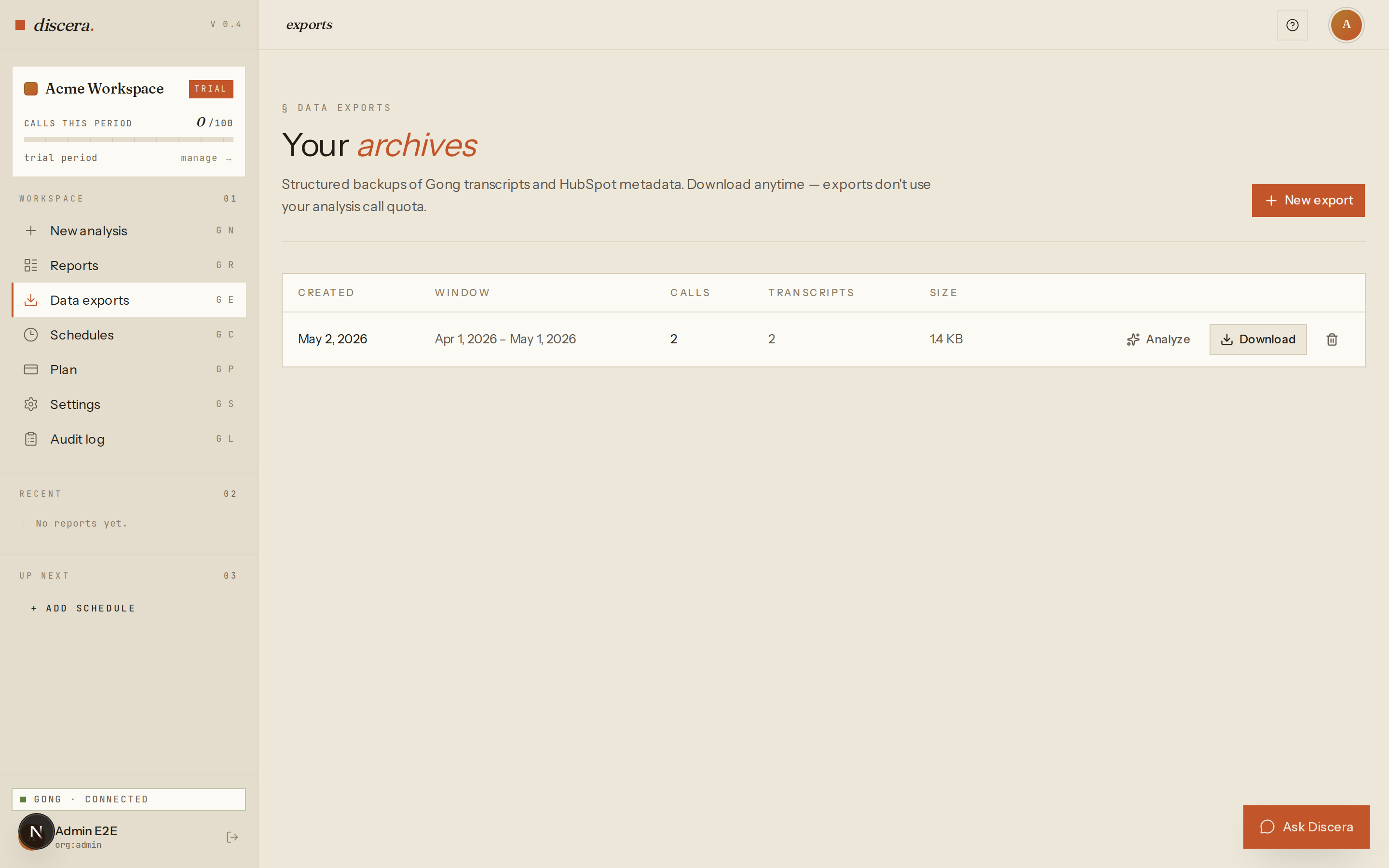 The Data exports page listing completed exports with Download and Analyze actions on each row
