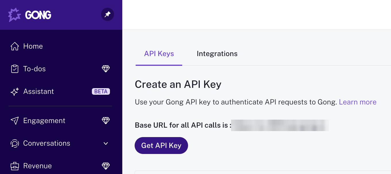 Gong API Keys page with a Get API Key button and the account-specific base URL for all API calls shown above it (redacted)
