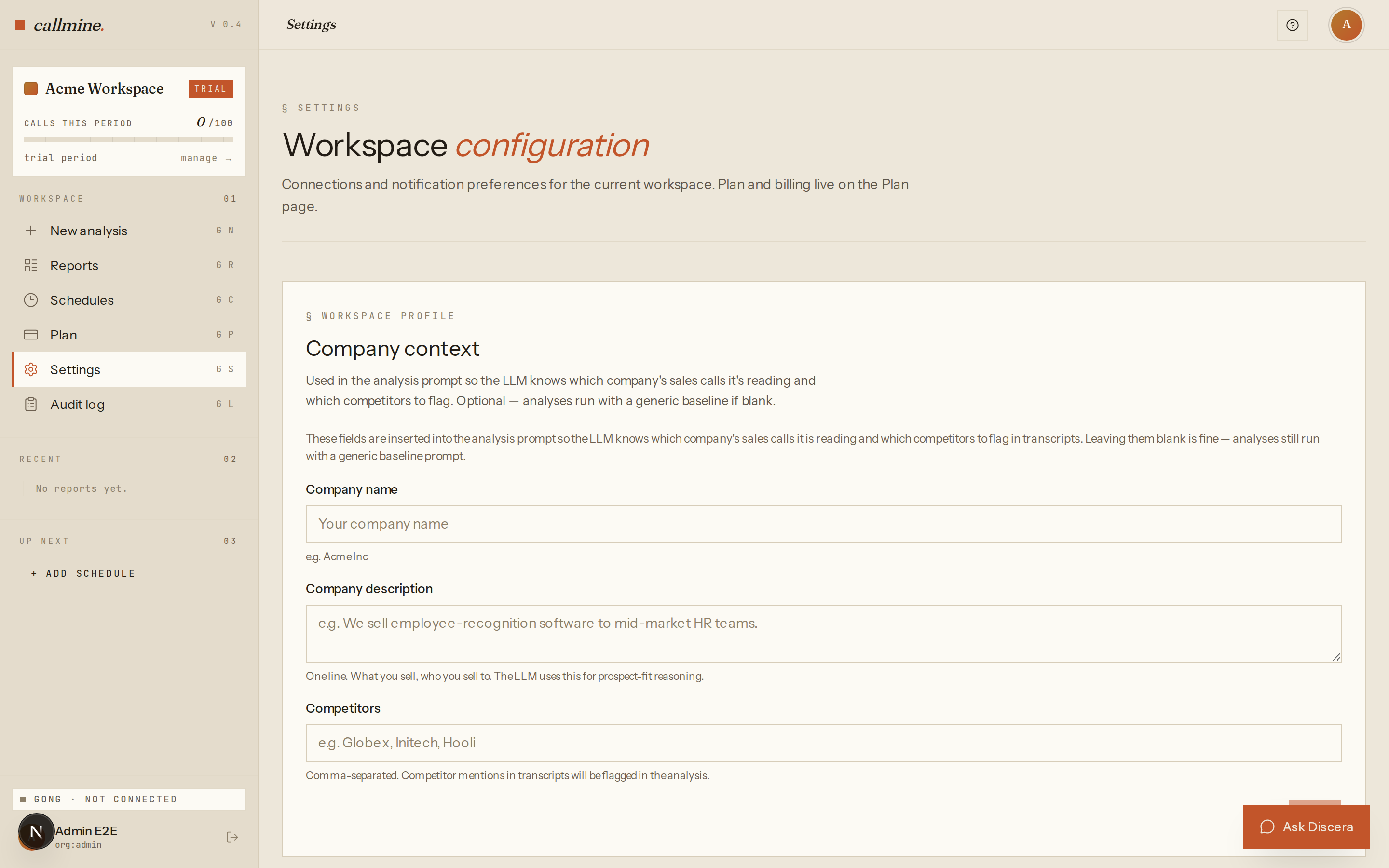 Discera Settings page showing the Gong integration card disconnected, with empty Access key, Secret key, and Base URL fields