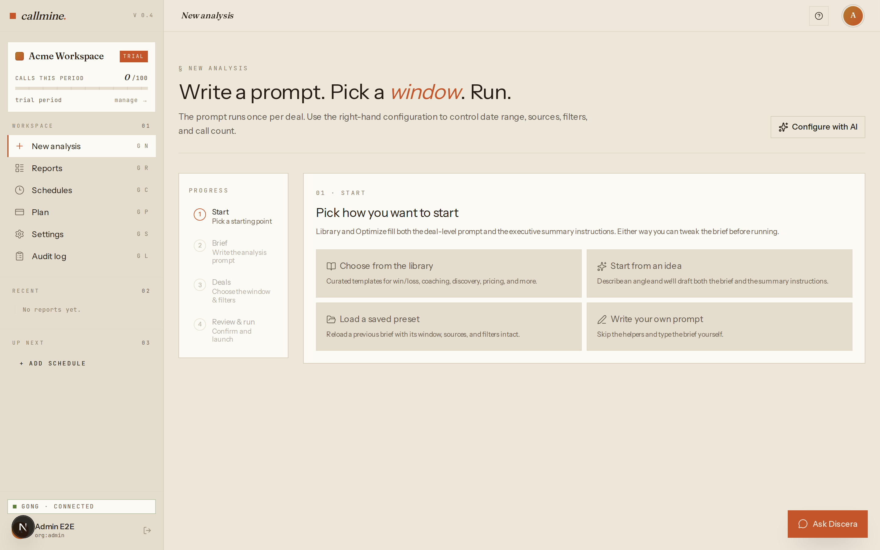 Discera /new page showing the start-mode chooser with two cards: Choose from the library and Write your own prompt