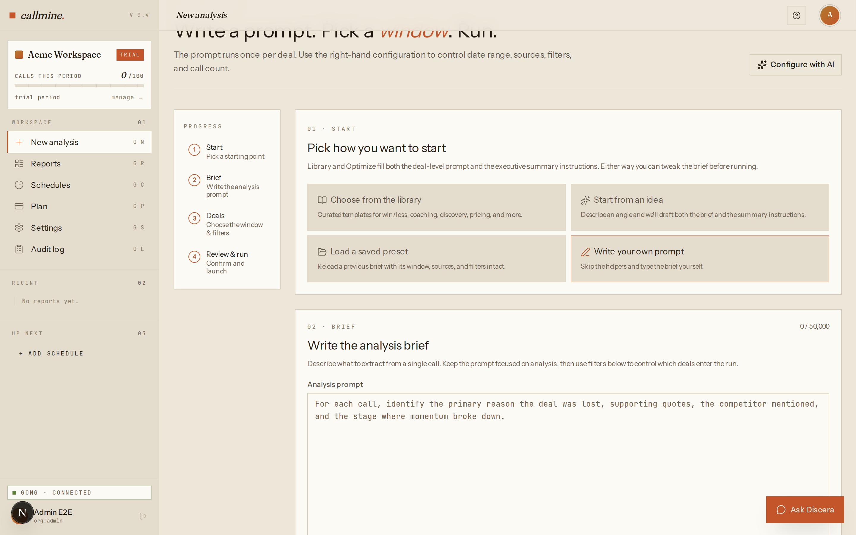 Discera /new page with the deal-level prompt textarea visible after selecting Write your own prompt