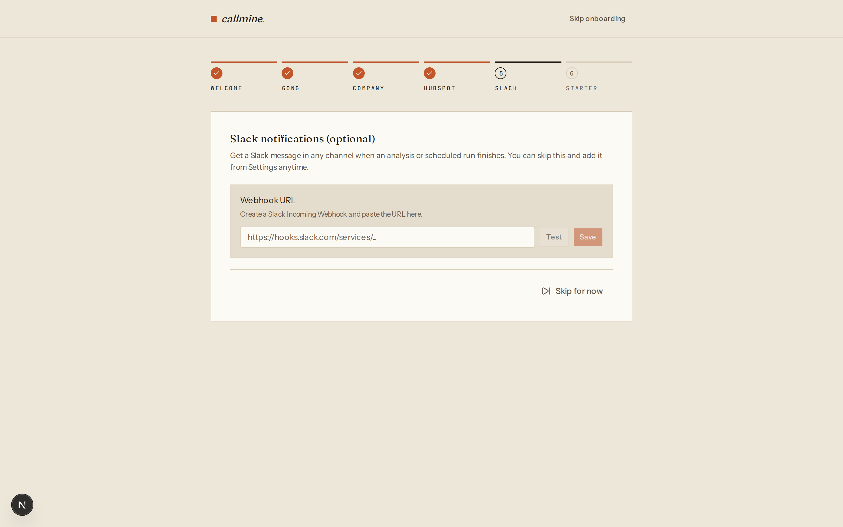 Discera onboarding wizard, step 5 — Slack notifications setup with OAuth and webhook options