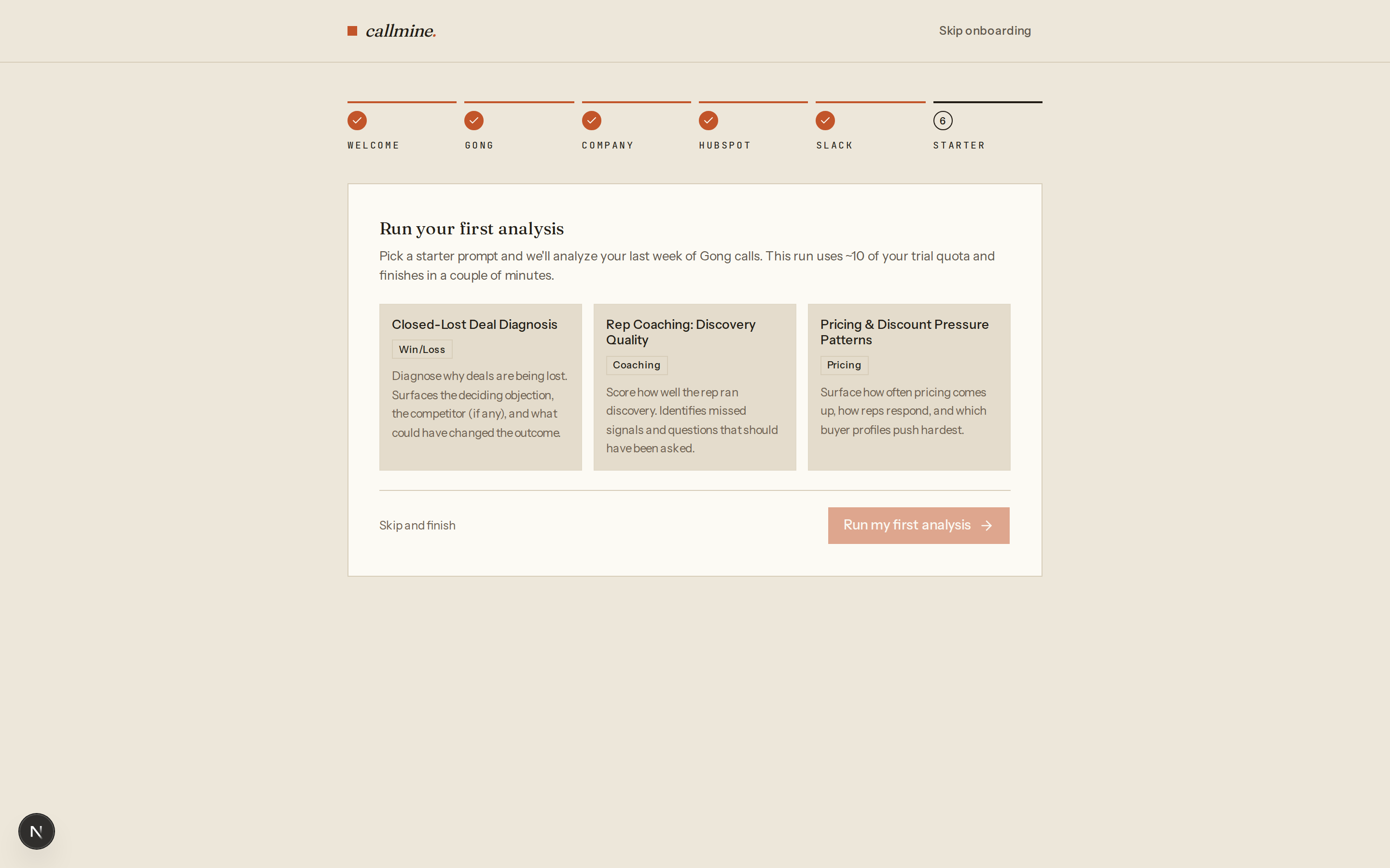 Discera onboarding wizard, step 6 — three starter analysis cards including Closed-Lost Deal Diagnosis