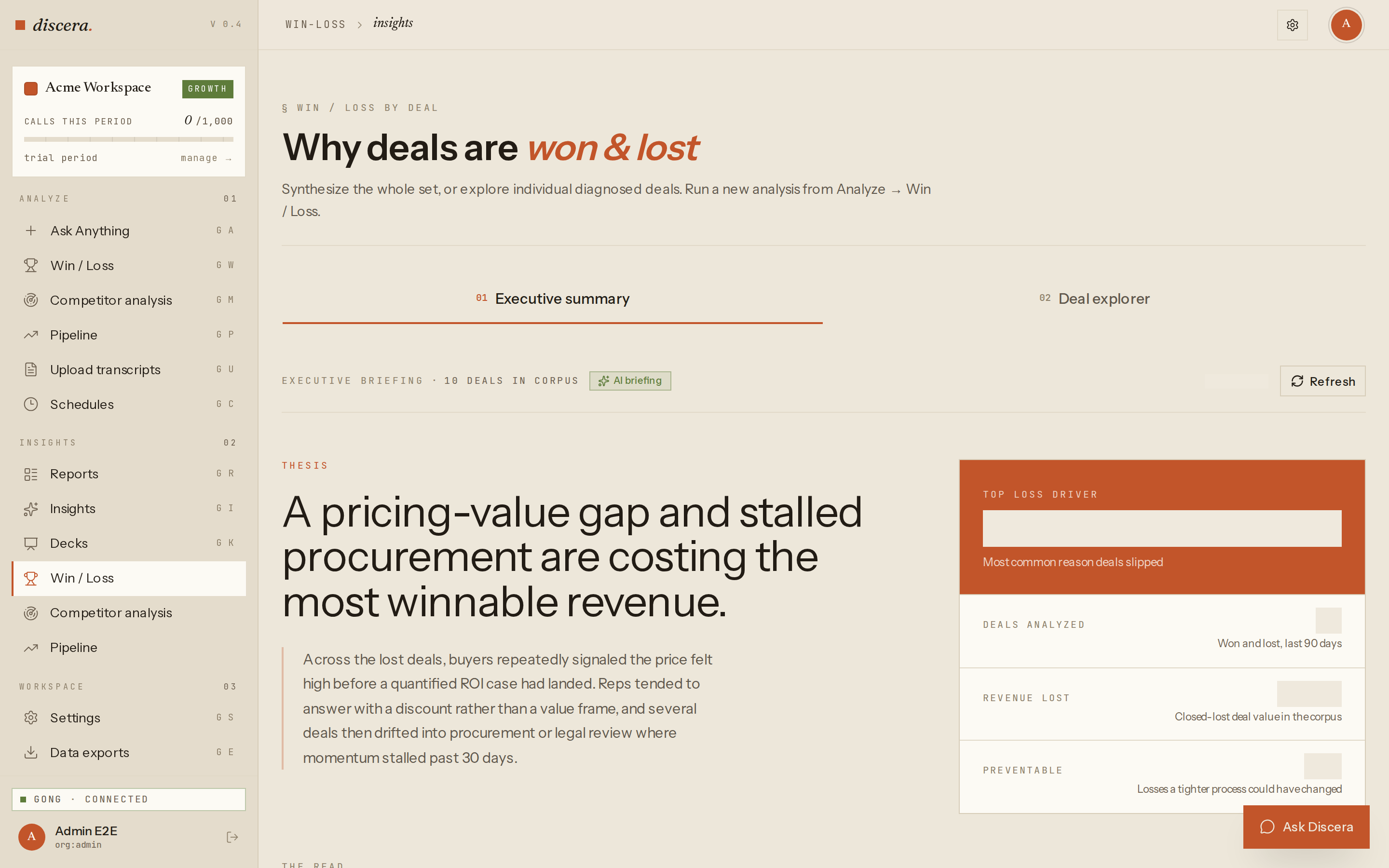The Win/Loss Executive summary tab showing headline KPIs, a primary deal drivers chart, and a written briefing